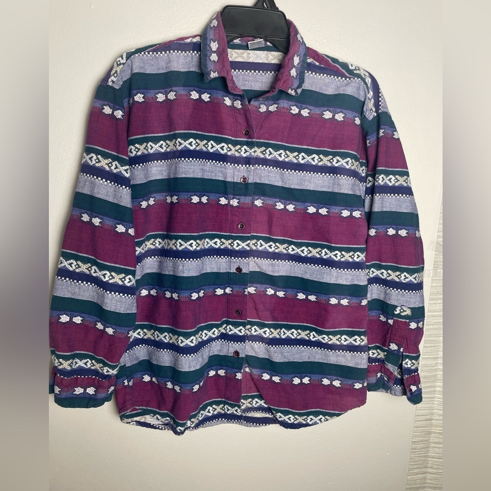 Vibrant Aztec Pattern Striped Button-Down Long Sleeve Shirt